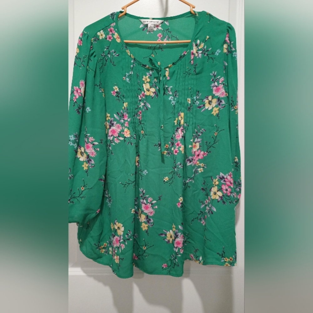 Counterparts Green Floral Blouse with Pink and Yellow Accents